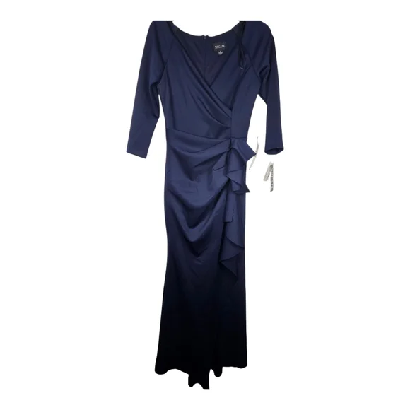 XSCAPE‎ Women’s Pleated Ruffle Scuba Evening Gown Midnight Blue Size 4 8 16 - Picture 3 of 3